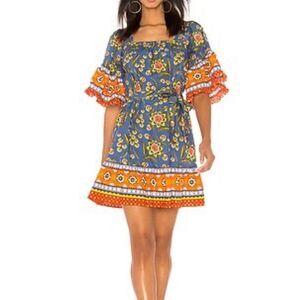 Joie Chloris Square Neck Dress XS Baja Blue Orange Floral Peasant Summer Boho